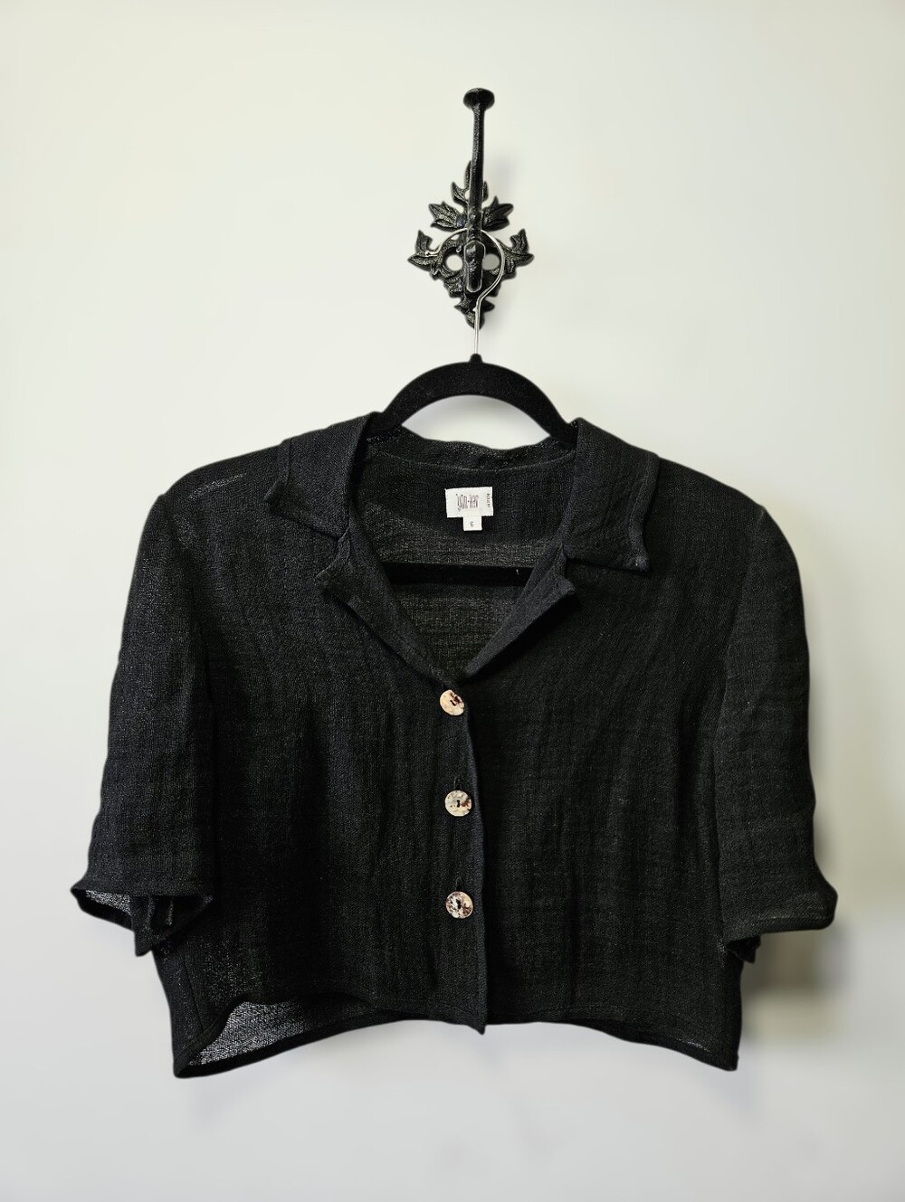 Vintage Yun Ker Linen Button Up Crop Top Size 6 Black Canadian Designer - Picture 2 of 5